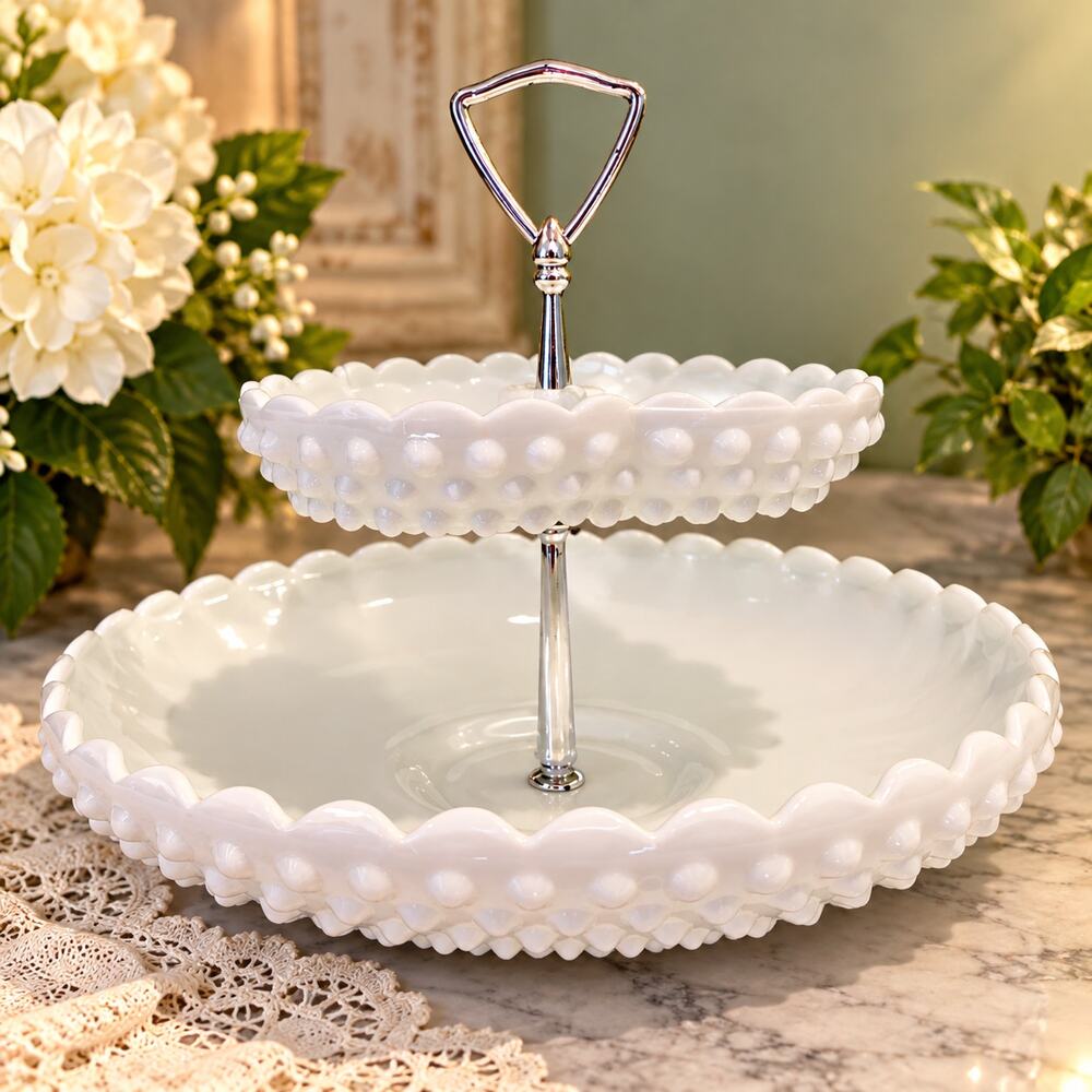 Vintage Fenton Milk Glass Hobnail 2 Tier Divided Serving Tray Tidbit Dish 1970s